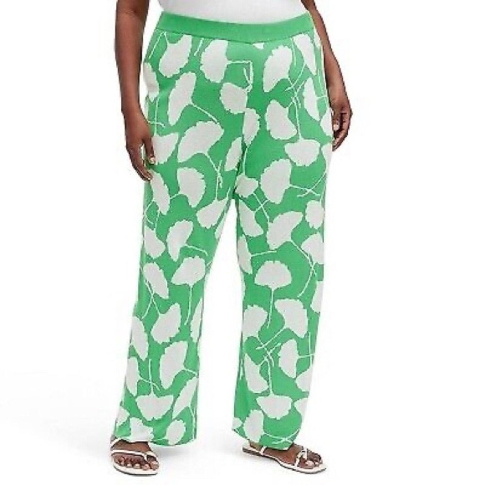 Diane von Furstenberg Target Green Ginkgo Leaf Knit Wide‎ Leg Pants Womens DVF